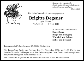 Traueranzeige von Brigitte Degener von Die Harke