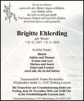 Traueranzeige von Brigitte Ehlerding von Die Harke