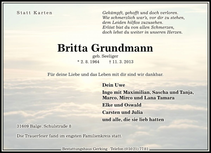  Traueranzeige für Britta Grundmann vom 16.03.2013 aus Die Harke