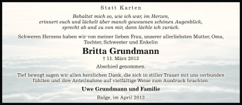 Traueranzeige von Britta Grundmann von Die Harke