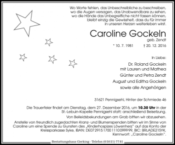 Traueranzeige von Caroline Gockeln von Die Harke