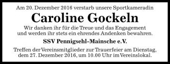 Traueranzeige von Caroline Gockeln von Die Harke