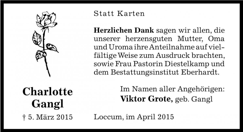  Traueranzeige für Charlotte Gangl vom 18.04.2015 aus Die Harke