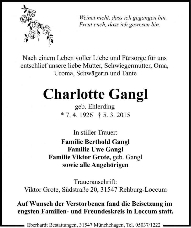  Traueranzeige für Charlotte Gangl vom 14.03.2015 aus Die Harke