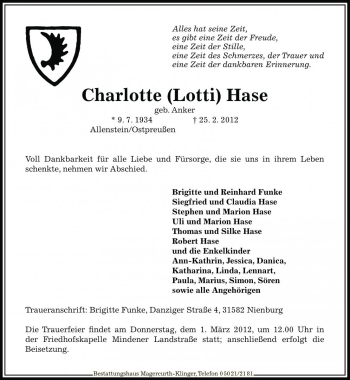 Traueranzeige von Charlotte Hase von Die Harke