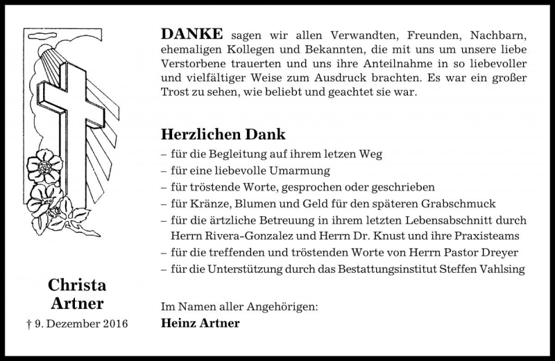  Traueranzeige für Christa Artner vom 14.01.2017 aus Die Harke