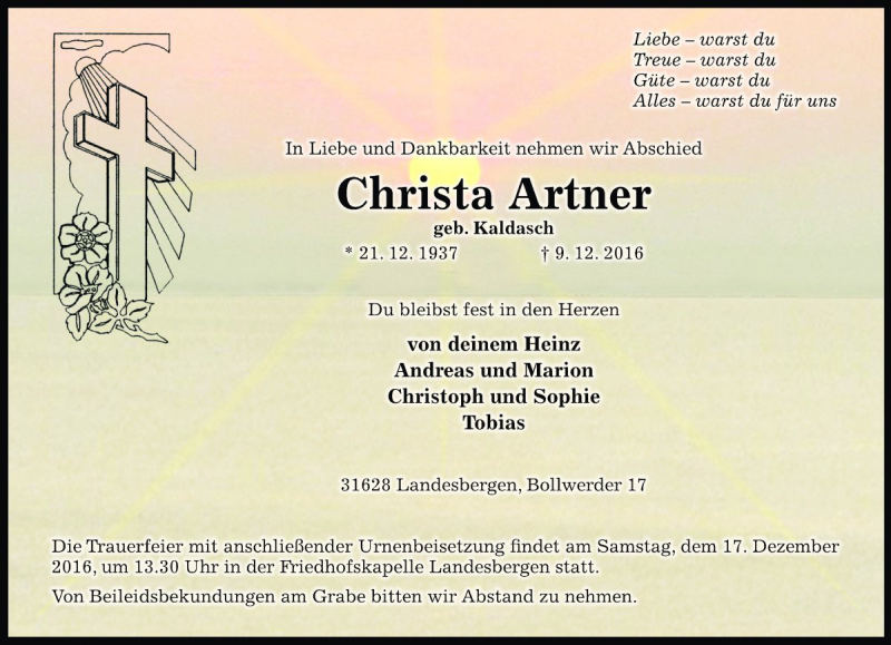  Traueranzeige für Christa Artner vom 13.12.2016 aus Die Harke