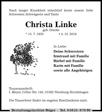 Traueranzeige von Christa Linke von Die Harke