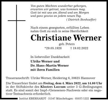 Traueranzeige von Christiane Werner von Die Harke