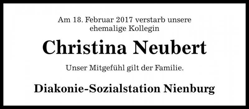 Traueranzeige für Christina Neubert vom 11.03.2017 aus Die Harke