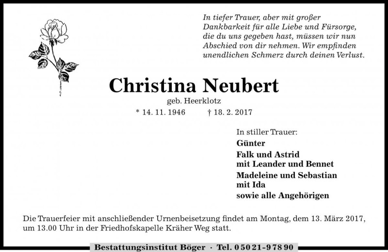  Traueranzeige für Christina Neubert vom 08.03.2017 aus Die Harke