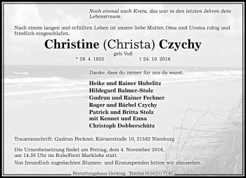 Traueranzeige von Christine Czychy von Die Harke