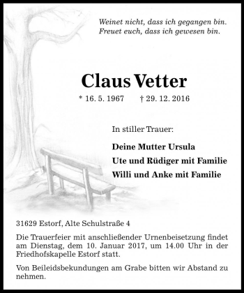 Traueranzeige von Claus Vetter von Die Harke