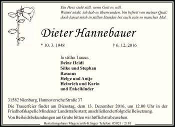 Traueranzeige von Dieter Hannebauer von Die Harke