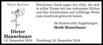 Traueranzeige von Dieter Hannebauer von Die Harke