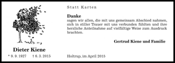 Traueranzeige von Dieter Kiene von Die Harke