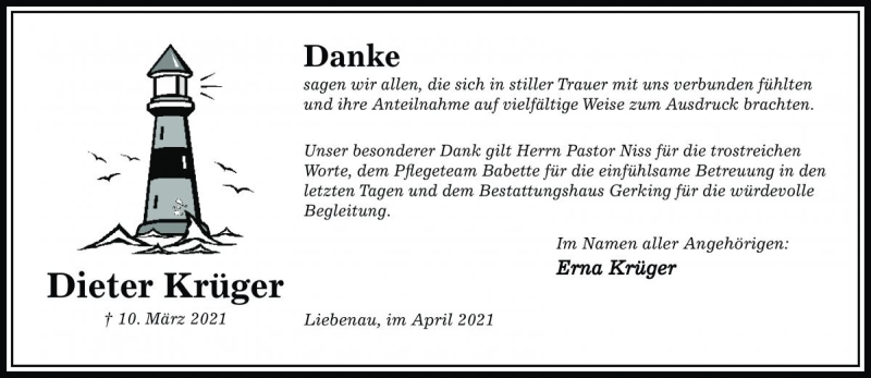  Traueranzeige für Dieter Krüger vom 10.04.2021 aus Die Harke