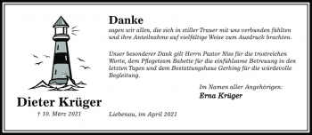 Traueranzeige von Dieter Krüger von Die Harke