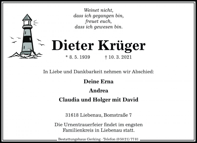  Traueranzeige für Dieter Krüger vom 13.03.2021 aus Die Harke