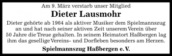 Traueranzeige von Dieter Lausmohr von Die Harke