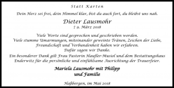 Traueranzeige von Dieter Lausmohr von Die Harke