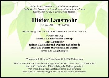 Traueranzeige von Dieter Lausmohr von Die Harke