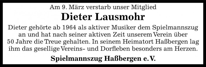  Traueranzeige für Dieter Lausmohr vom 17.03.2018 aus Die Harke