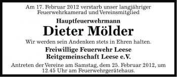 Traueranzeige von Dieter Mölder von Die Harke