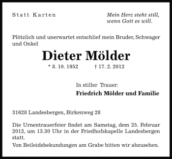Traueranzeige von Dieter Mölder von Die Harke