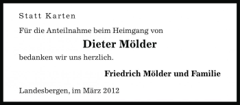 Traueranzeige von Dieter Mölder von Die Harke