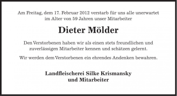 Traueranzeige von Dieter Mölder von Die Harke
