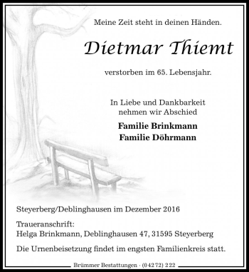 Traueranzeige von Dietmar Thiemt von Die Harke