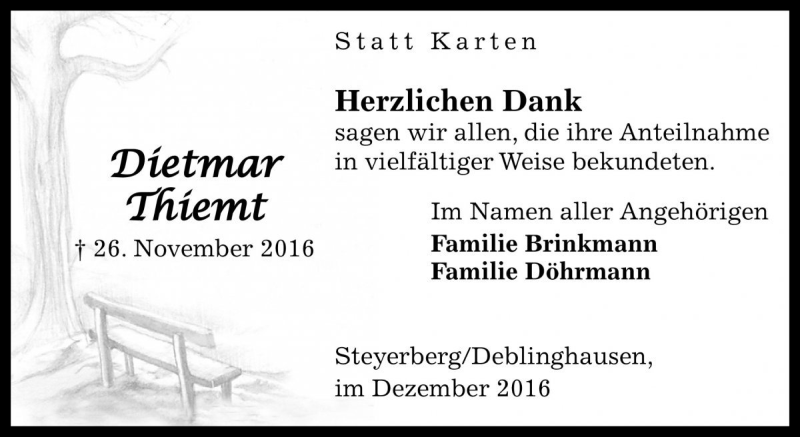  Traueranzeige für Dietmar Thiemt vom 31.12.2016 aus Die Harke
