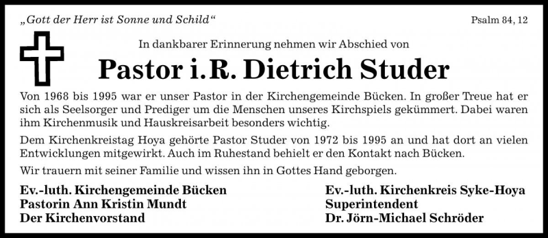  Traueranzeige für Dietrich Studer vom 05.03.2020 aus Die Harke