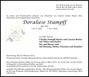 Traueranzeige von Doraliese Stumpff von Die Harke