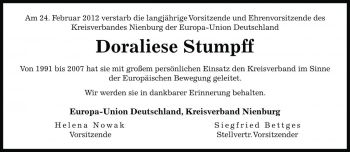 Traueranzeige von Doraliese Stumpff von Die Harke