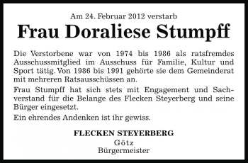 Traueranzeige von Doraliese Stumpff von Die Harke