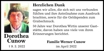Traueranzeige von Dorothea Cunow von Die Harke