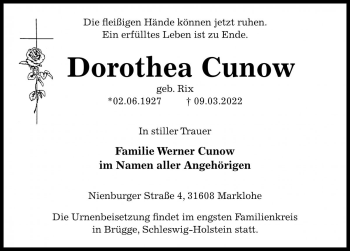 Traueranzeige von Dorothea Cunow von Die Harke