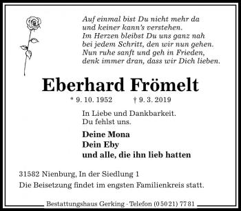Traueranzeige von Eberhard Frömelt von Die Harke