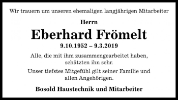 Traueranzeige von Eberhard Frömelt von Die Harke