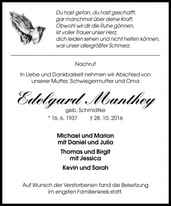 Traueranzeige von Edelgard Manthey von Die Harke