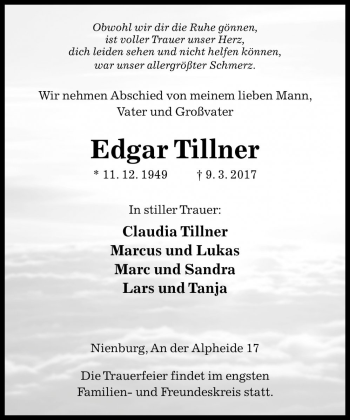 Traueranzeige von Edgar Tillner von Die Harke