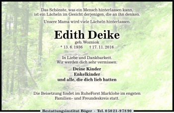 Traueranzeige von Edith Deike von Die Harke