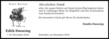 Traueranzeige von Edith Duensing von Die Harke