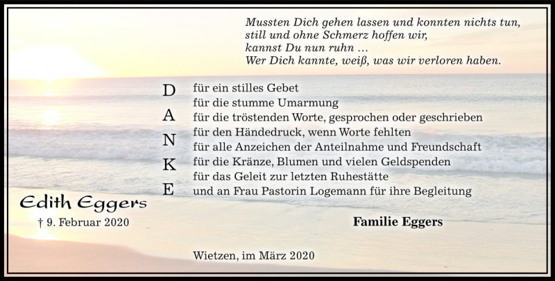  Traueranzeige für Edith Eggers vom 21.03.2020 aus Die Harke