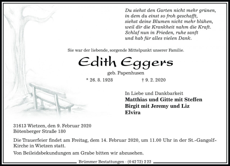  Traueranzeige für Edith Eggers vom 11.02.2020 aus Die Harke