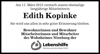 Traueranzeige von Edith Kopinke von Die Harke