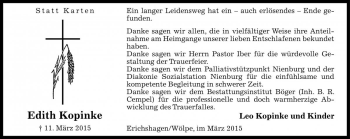 Traueranzeige von Edith Kopinke von Die Harke