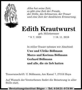 Traueranzeige von Edith Krautwurst von Die Harke